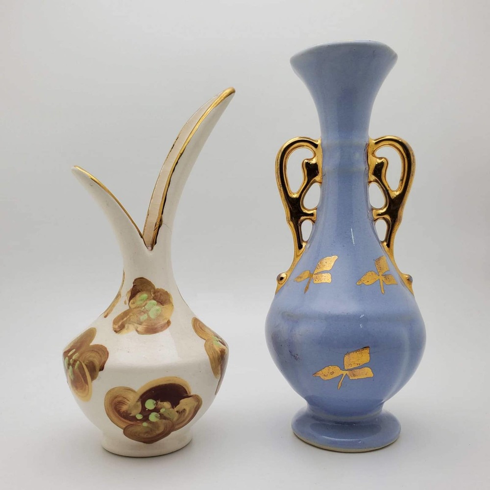 Studio Pottery Bud Vase set Periwinkle w/ Gold Accents and floral pattern